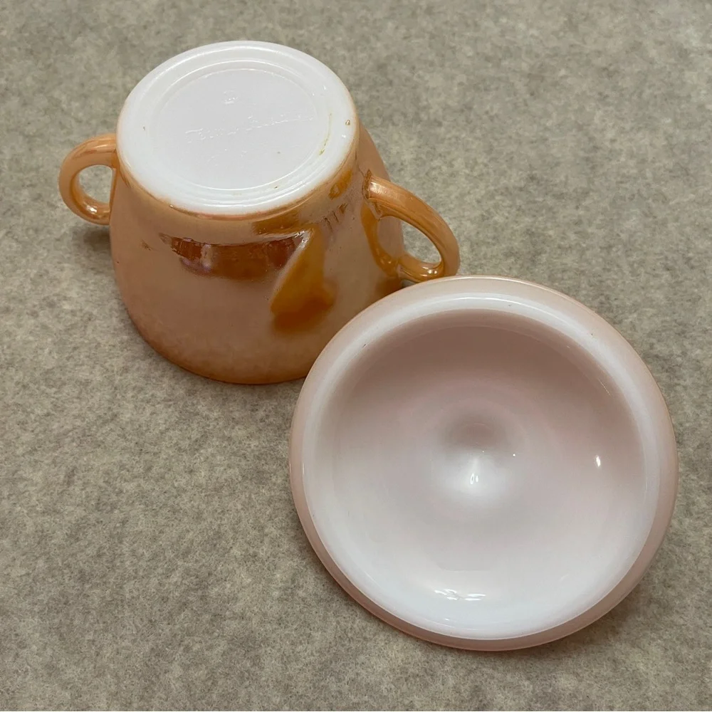 Vintage Termocrisa Peach Luster Iridescent Carnival Glass Sugar Bowl with Lid